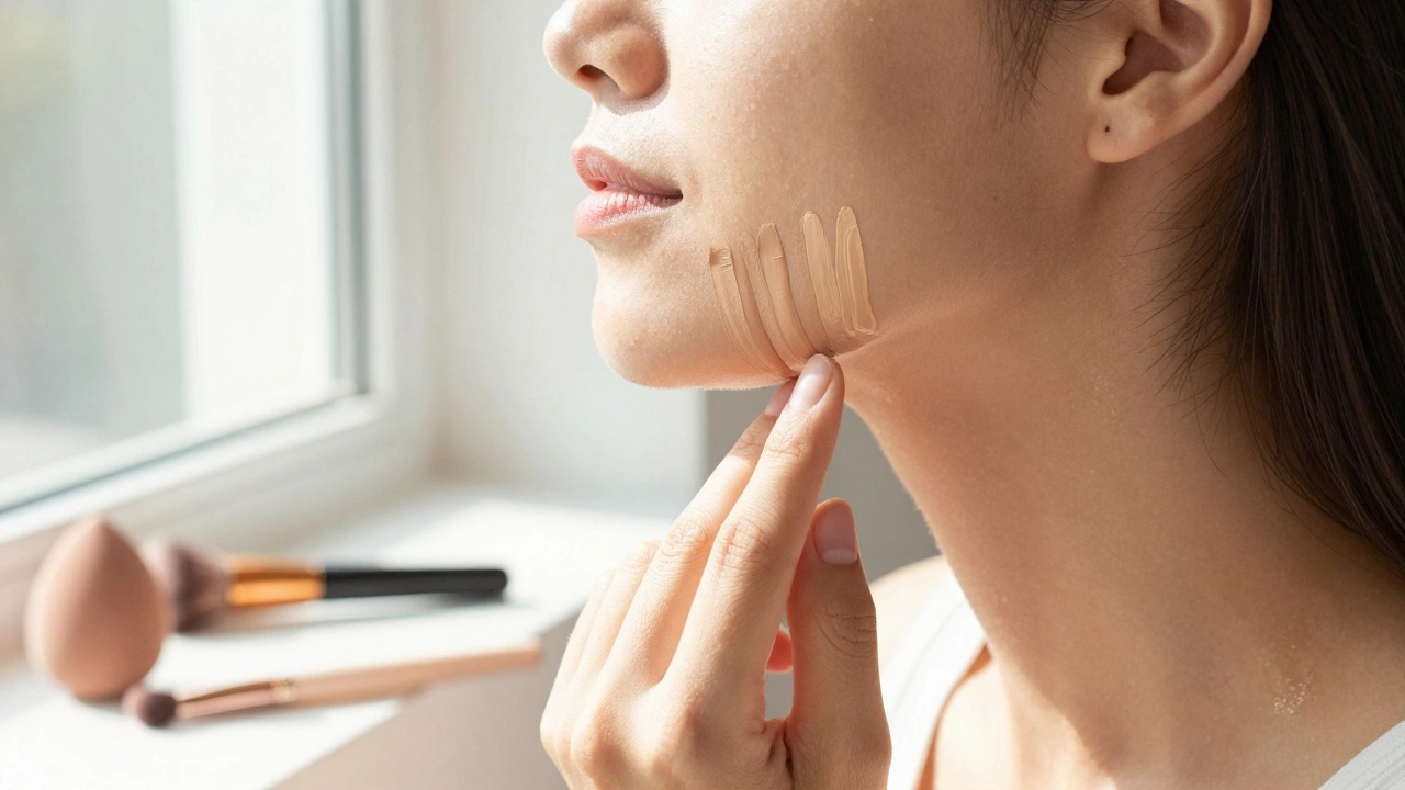 Person testing different foundation shades on their jawline in natural sunlight.