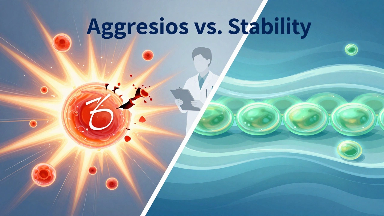 Abstract art comparing aggressive cellular renewal versus stable skin maintenance philosophies.