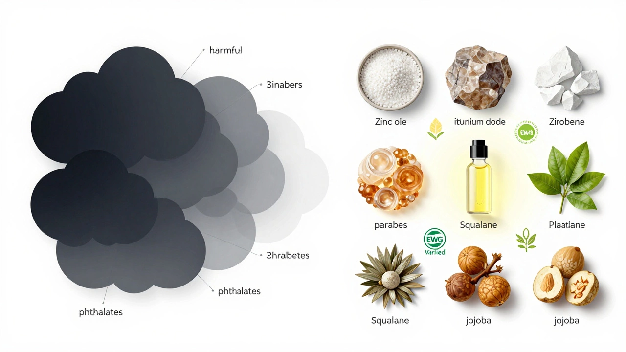 Conceptual art contrasting toxic chemicals with safe mineral ingredients