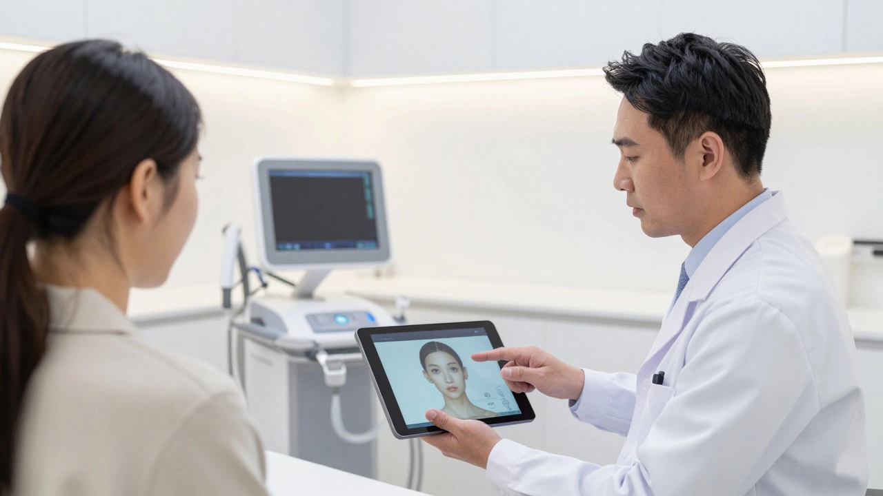 Dermatologist consulting with a patient about facial tightening treatments in a modern clinic.