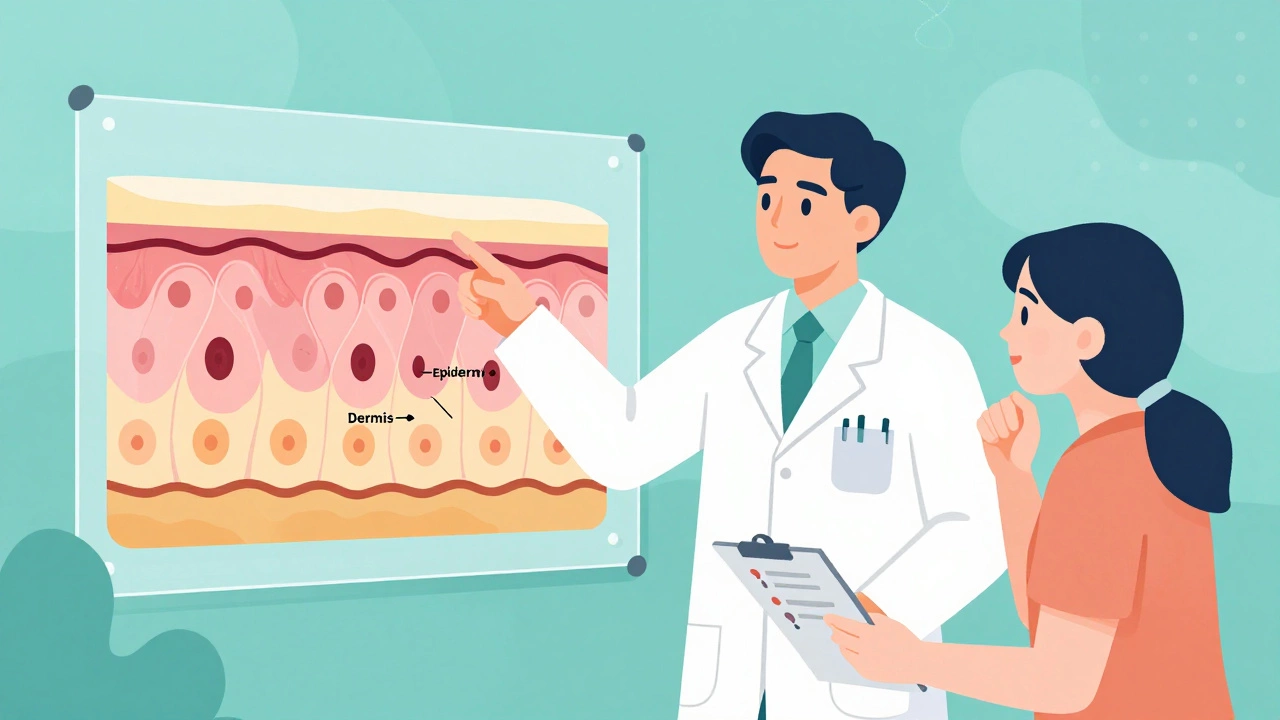 Doctor explaining skin anatomy to an attentive patient during a consultation.