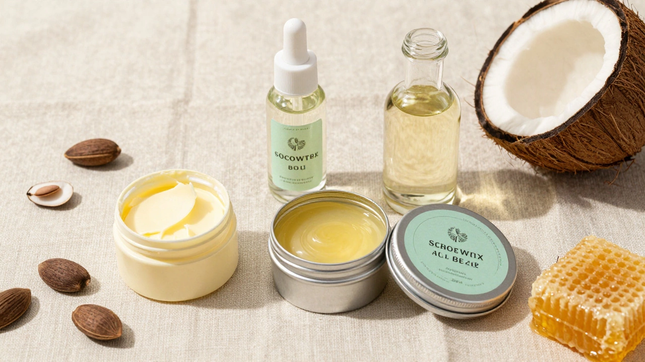 Flat-lay of shea butter, coconut oil, and beeswax as natural skincare alternatives.