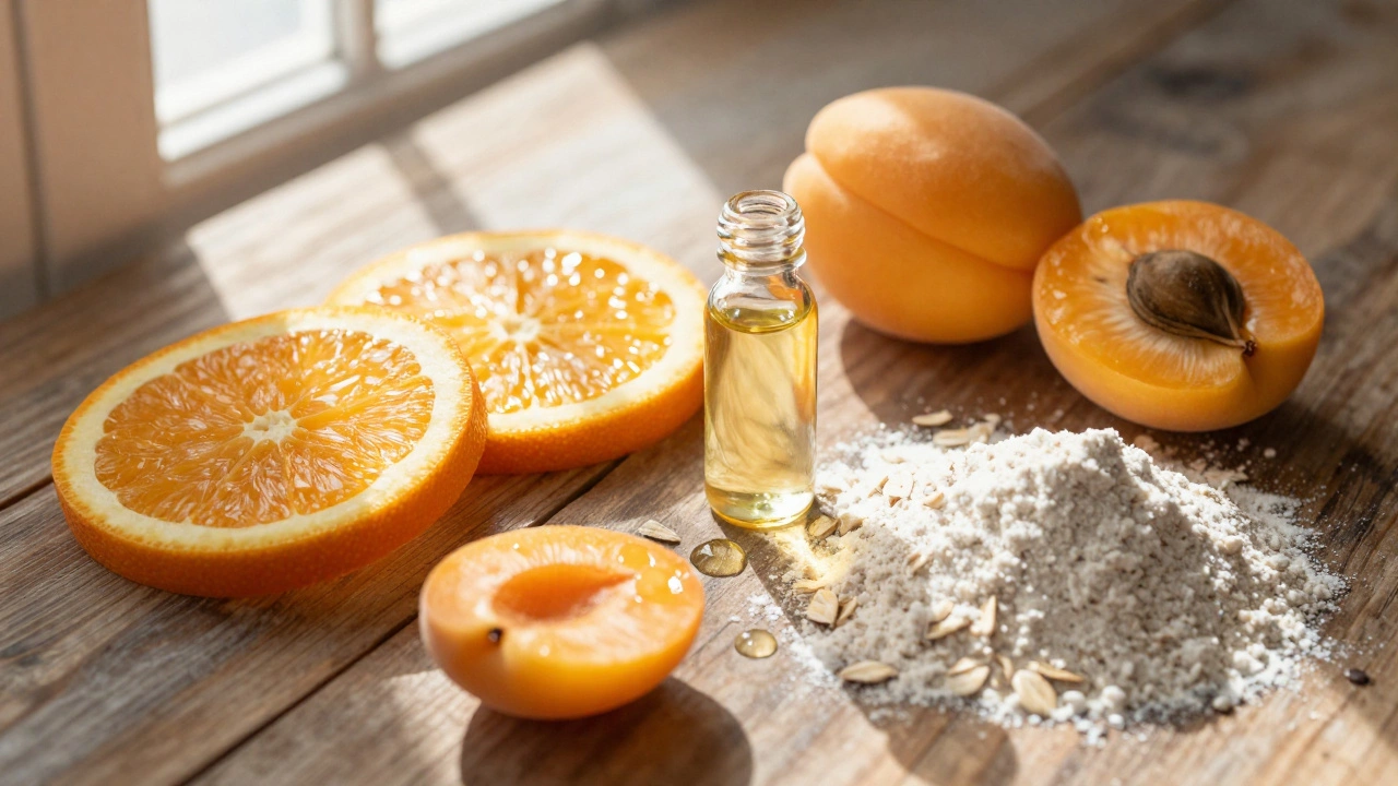 Fresh citrus, apricot kernels, and oats arranged on wood, representing natural ingredients