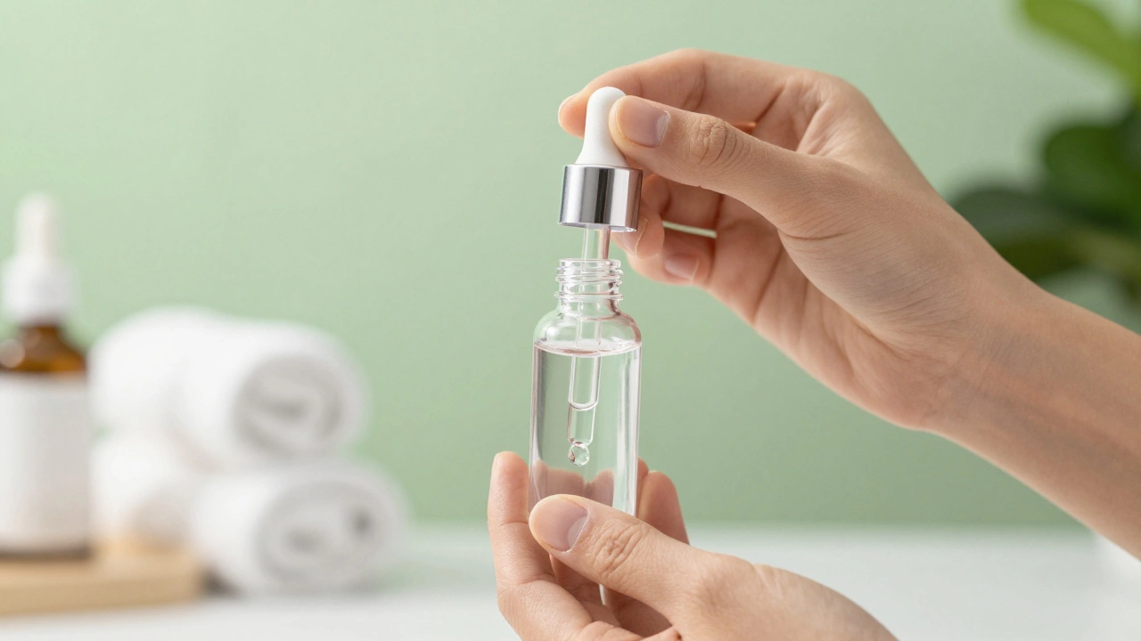 Hand holding a clear serum bottle in a calm, spa-like setting