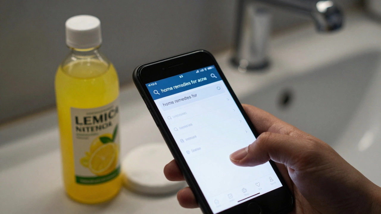 Hand holding phone near lemon juice and tea tree oil, symbolizing risky DIY remedies.
