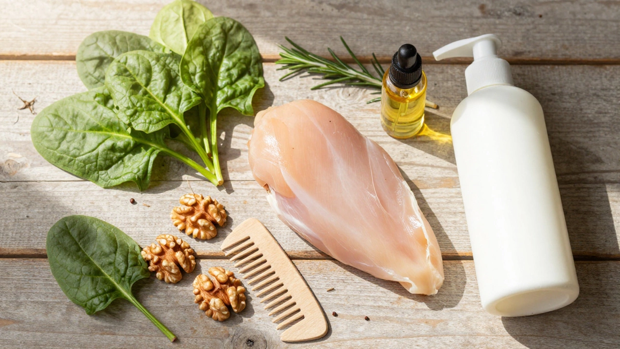 Healthy foods and hair care tools on table