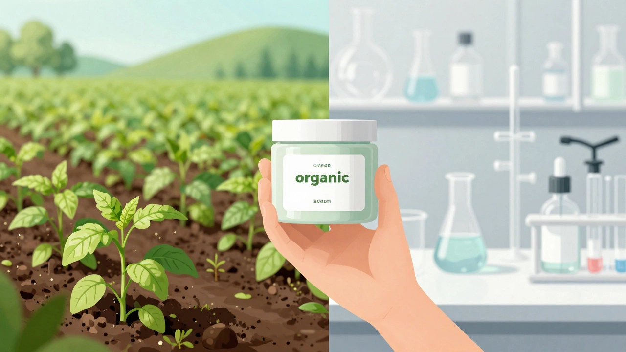 Illustration contrasting organic farming with lab science, showing skincare transparency