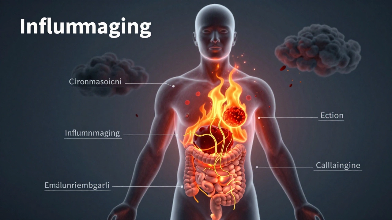 Illustration of internal inflammation damaging collagen fibers inside a human silhouette