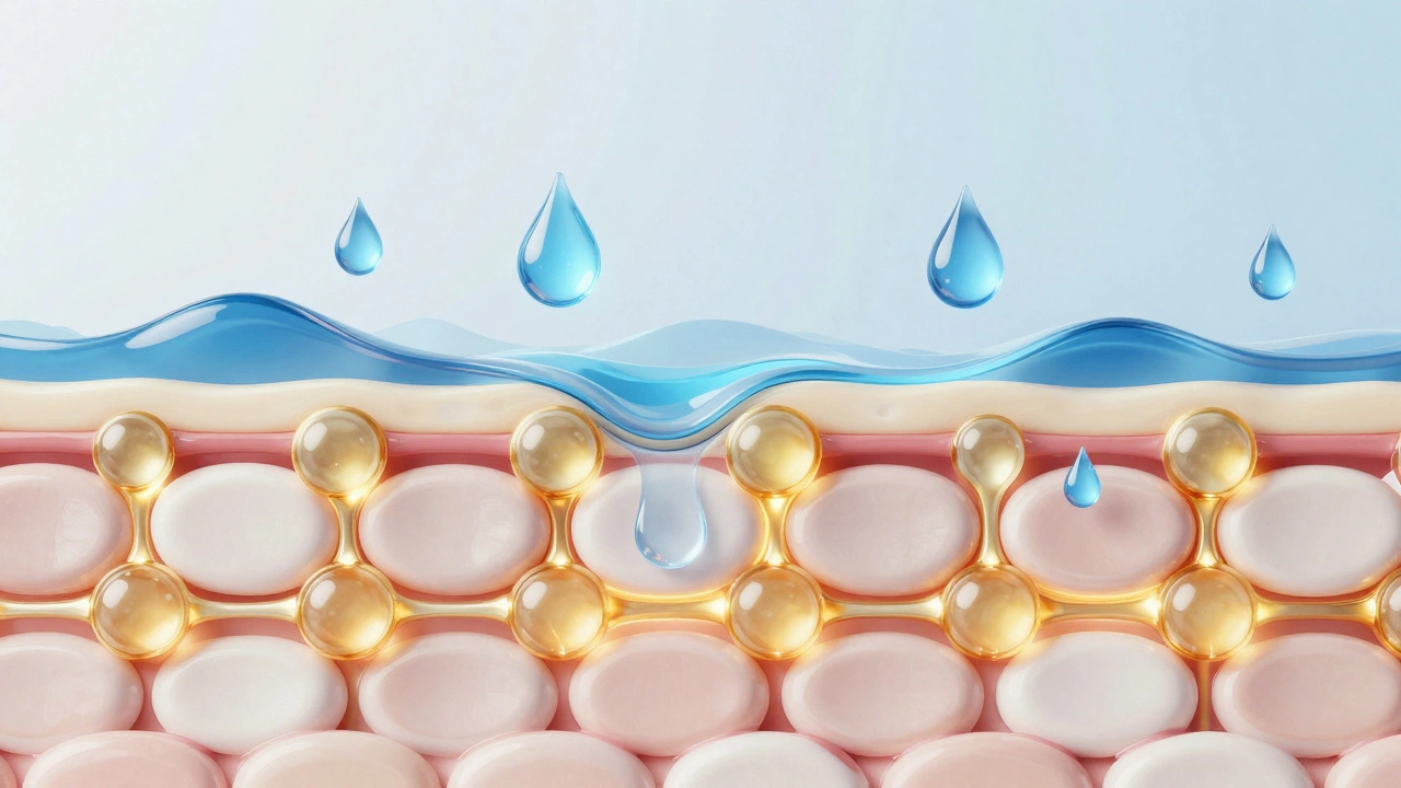 Illustration showing skin cells held together by ceramides and hydrated by water.