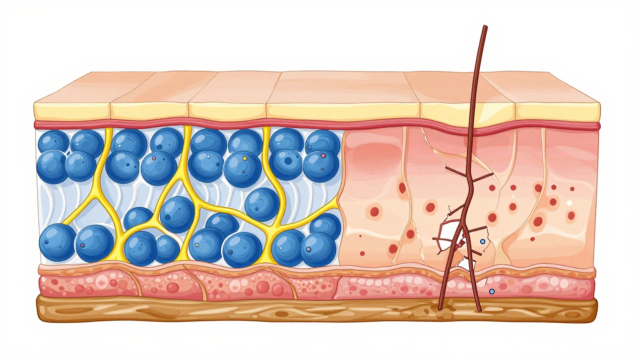 Medical illustration showing the difference between healthy collagen-rich skin and aged sagging skin layers.