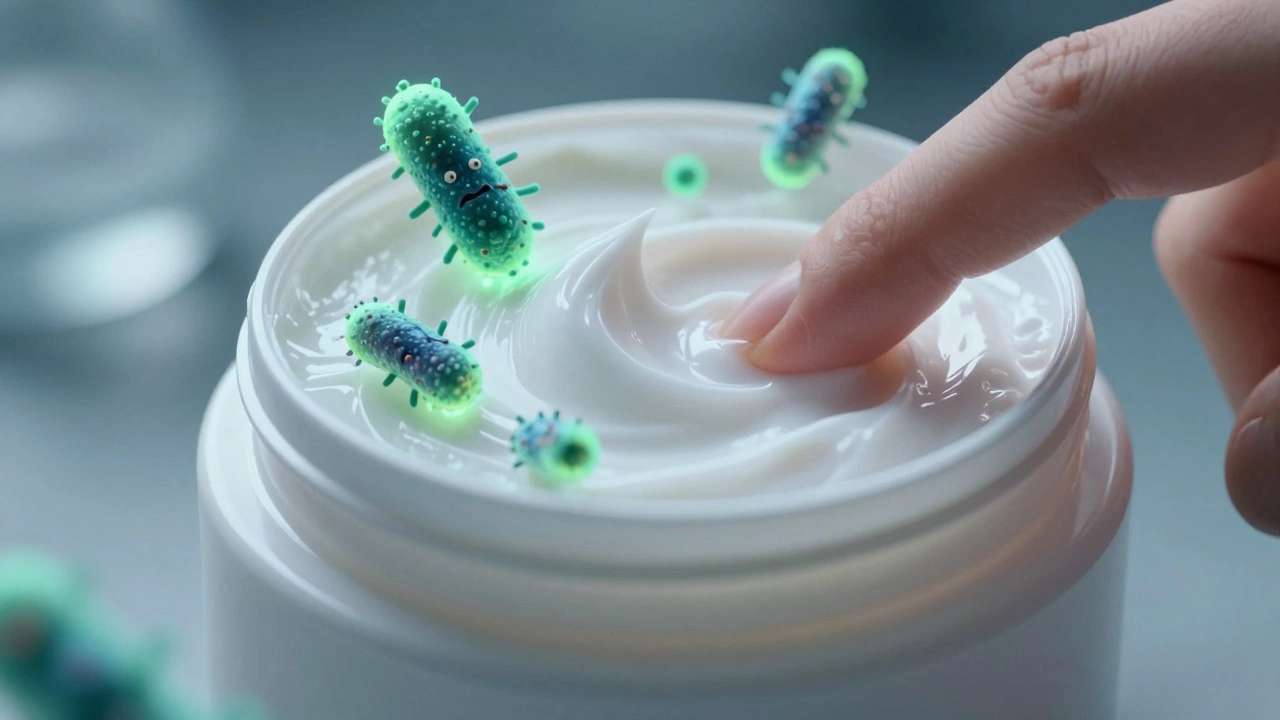 Open cream jar with visible bacteria and mold spores inside