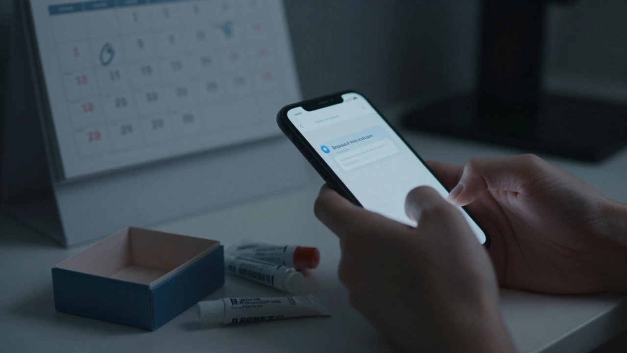 Person checking phone for delivery status next to unused beauty samples