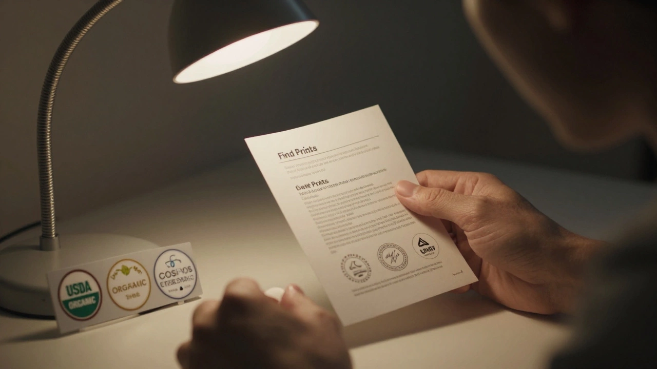 Person inspecting skincare ingredient list with certification logos nearby