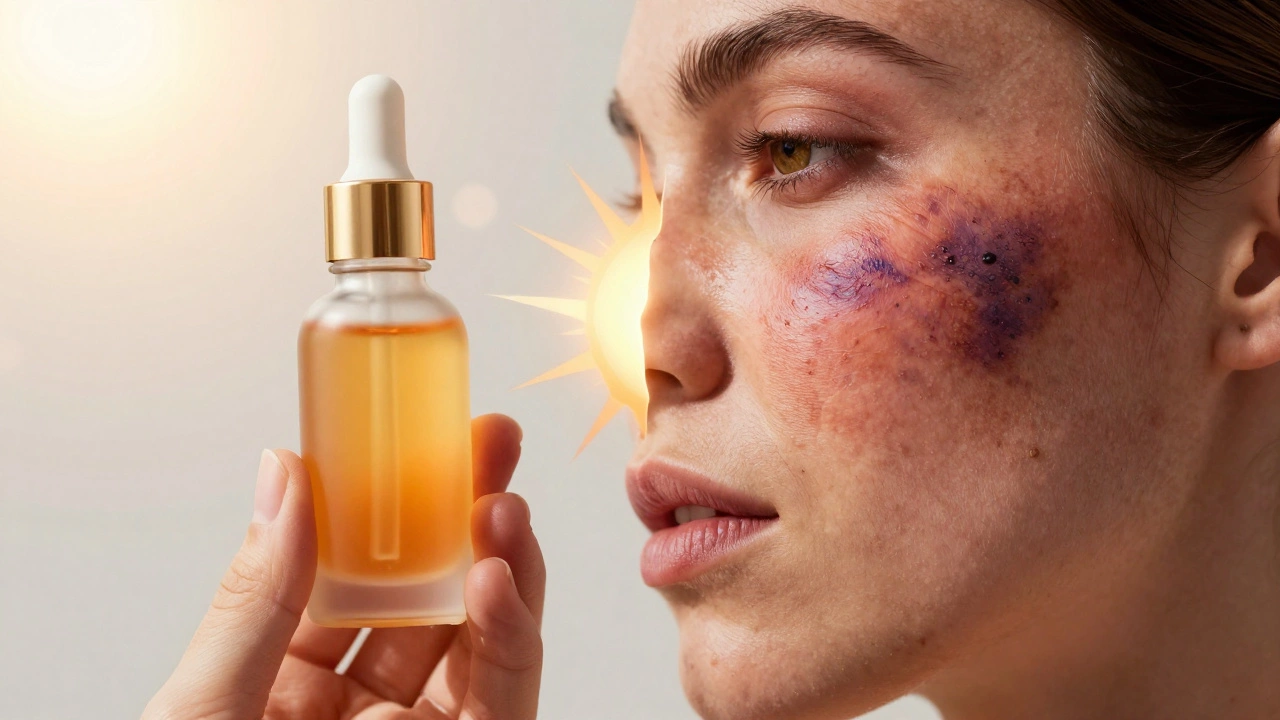 Skin showing dark pigmentation and burns from citrus oil sun sensitivity