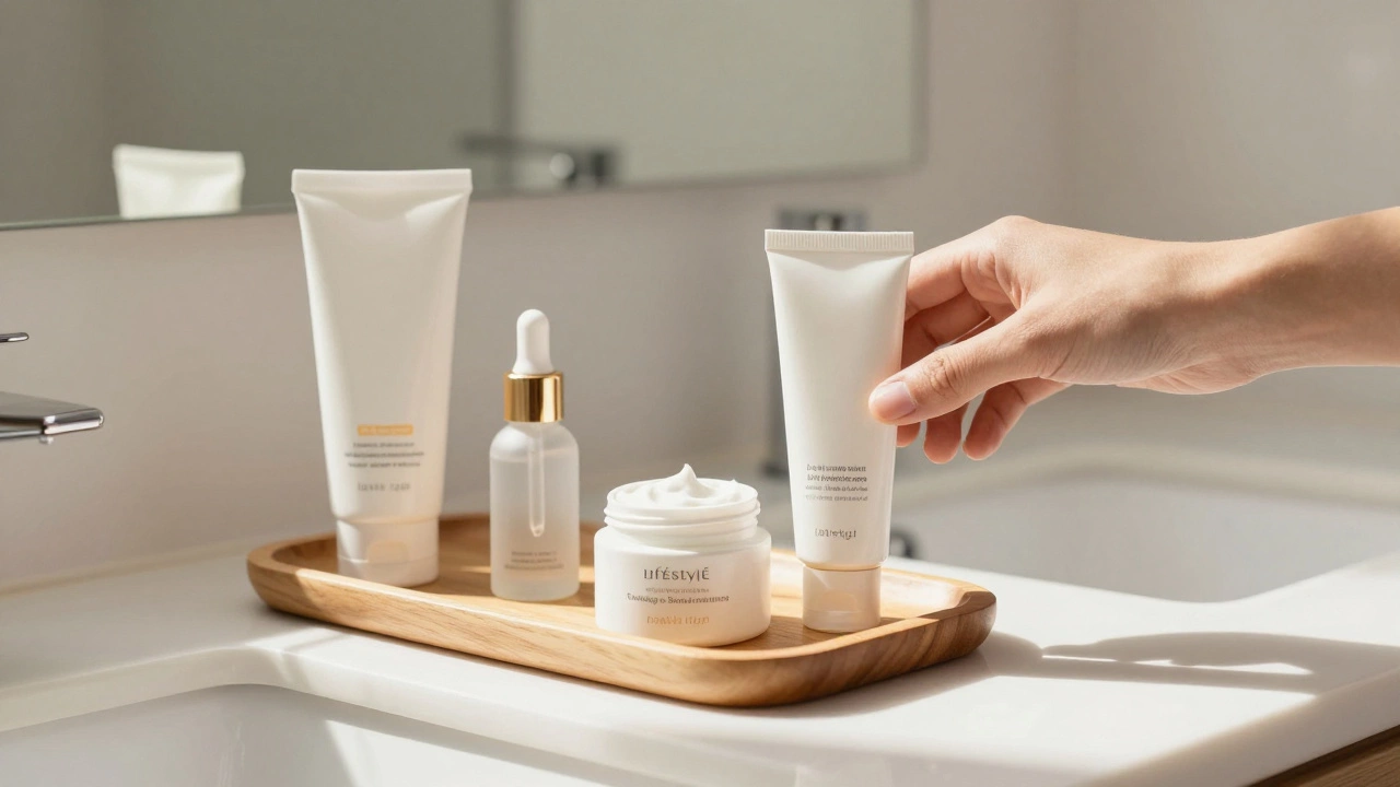 Skincare routine products on a tray with a hand picking up sunscreen in morning light.