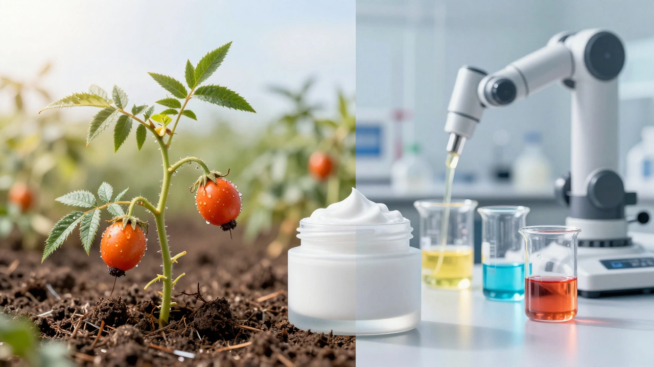 Split image showing organic flowers vs lab-made synthetic ingredients