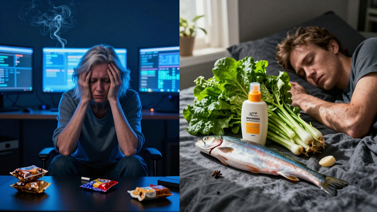 Split photo contrasting stress and sugar with healthy diet, sleep, and sun protection