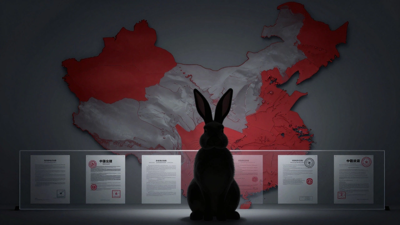 Symbolic illustration of a rabbit behind a barrier representing Chinese testing laws.