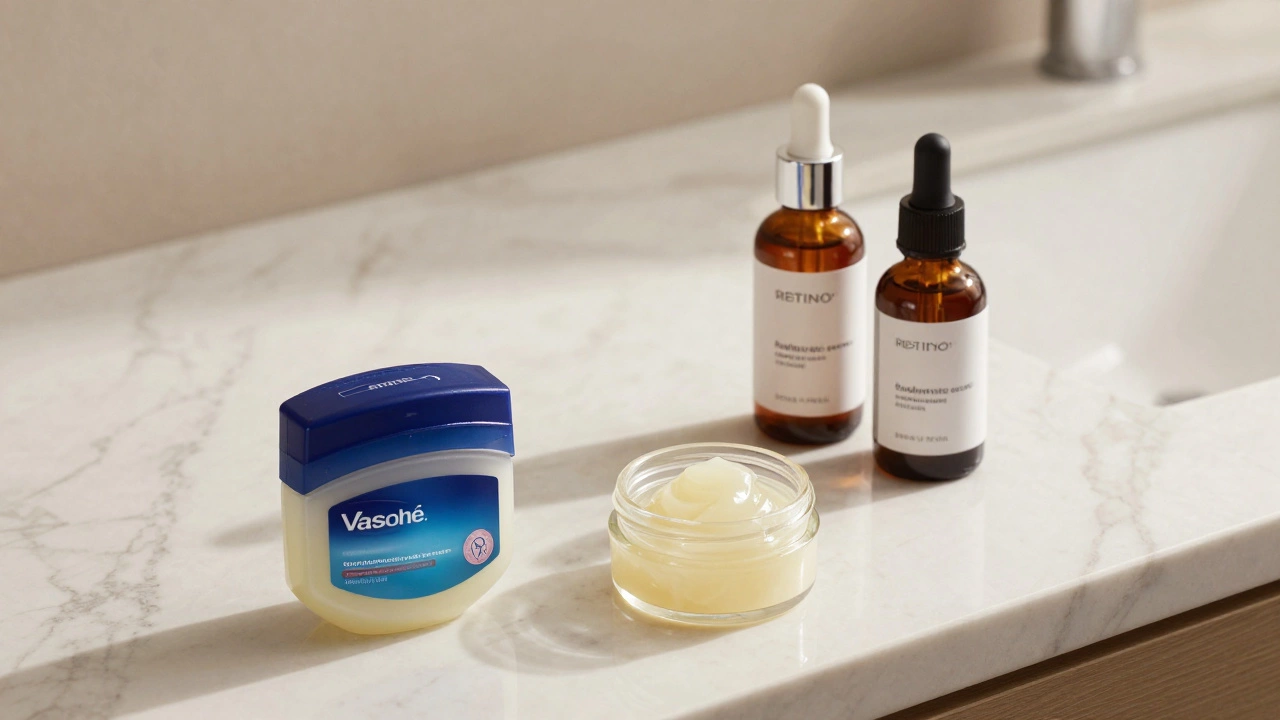 Vaseline jar displayed alongside retinol and other skincare products