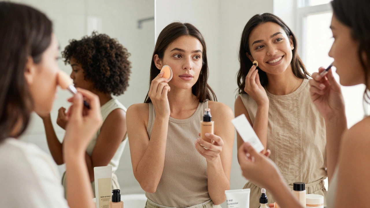 Women applying natural makeup in a bright, eco-friendly bathroom