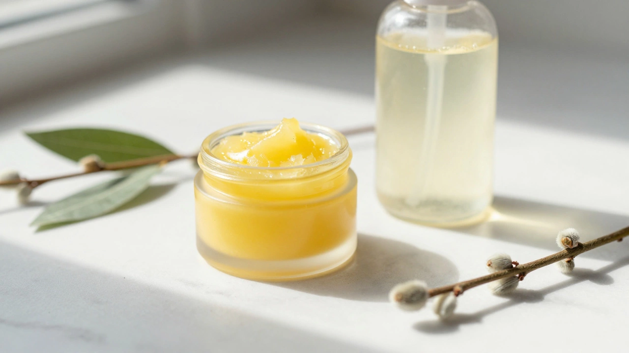 Yellow sulfur mask and foaming cleanser on a marble counter with herbs
