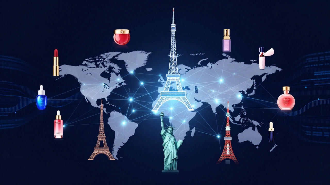 Abstract visualization of global beauty companies connected by data networks