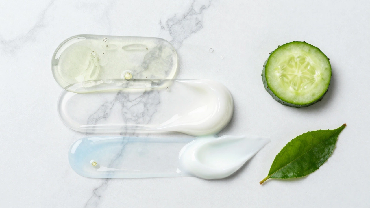 Artistic flat-lay of layered skincare textures and natural ingredients on a marble surface.