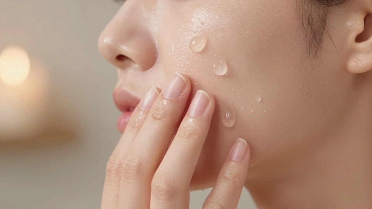 Close-up of hands applying hydrating toner to dewy, glowing skin for a glass skin effect.