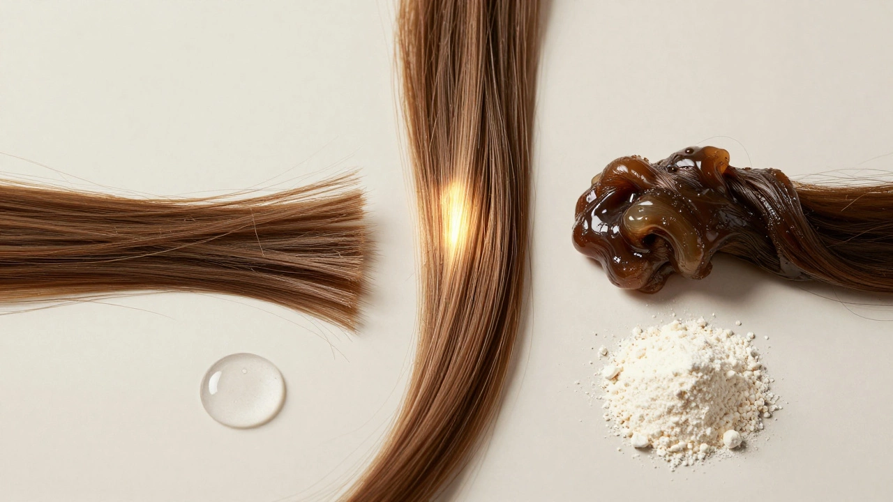 Conceptual art showing balanced, brittle, and limp hair strands with water and protein