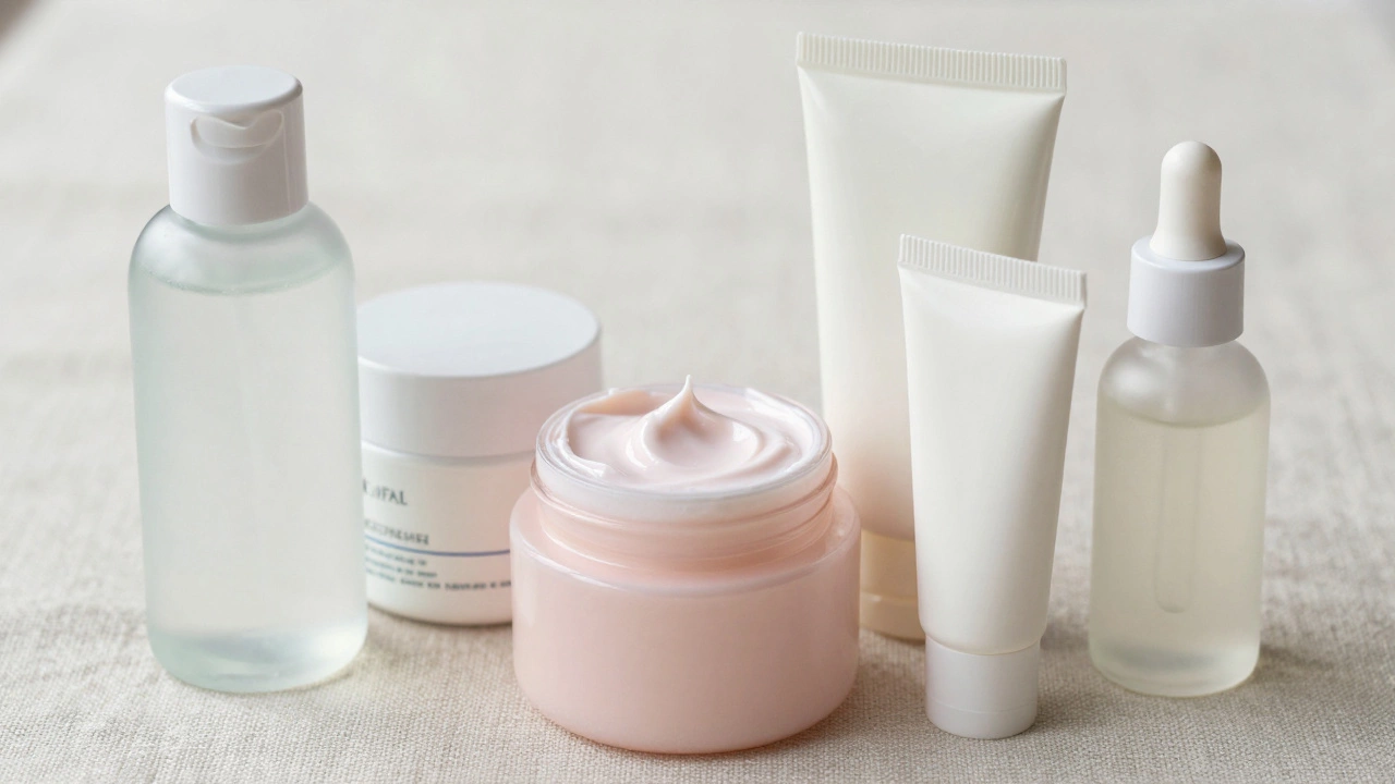 Five distinct skincare product types arranged on linen fabric