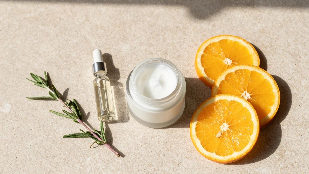 Flat lay of peptide serum, vitamin C citrus, and moisturizer