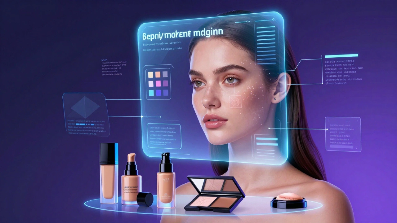 Futuristic digital interface analyzing skin for personalized beauty products