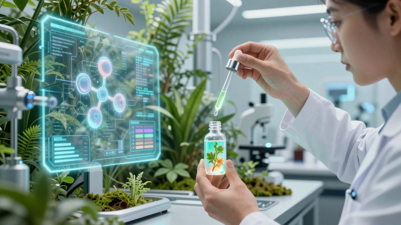 Futuristic lab showing blend of botanical ingredients and AI technology