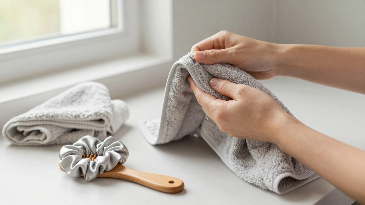 Hands gently drying wet hair with a microfiber towel and a wide-tooth comb nearby