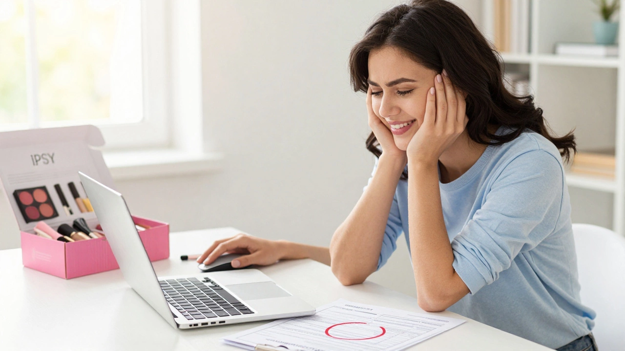 Happy woman resolving billing issue with open beauty box