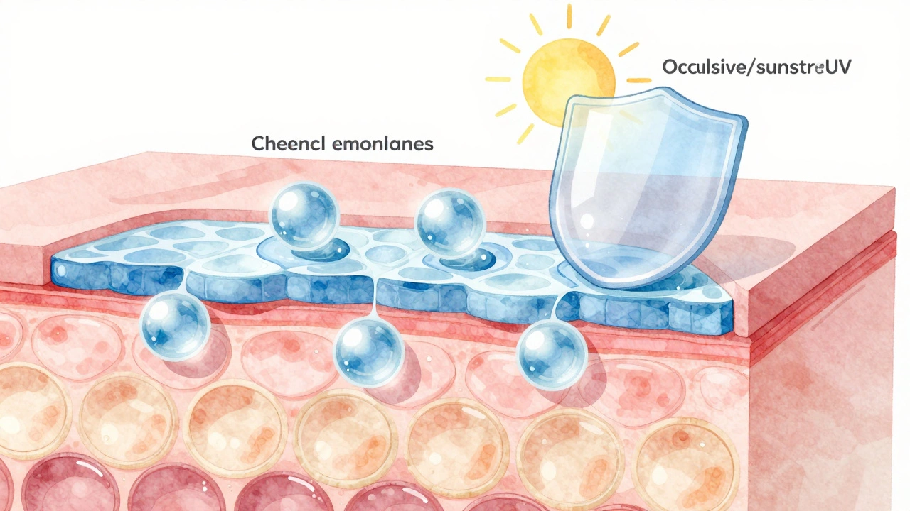 Illustration of skin layers showing hydration and sun protection