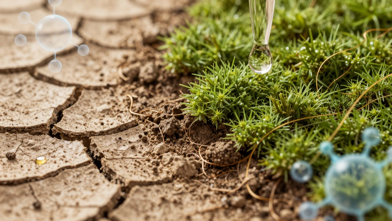 Macro art of hydrated soil and oil droplet symbolizing skin repair