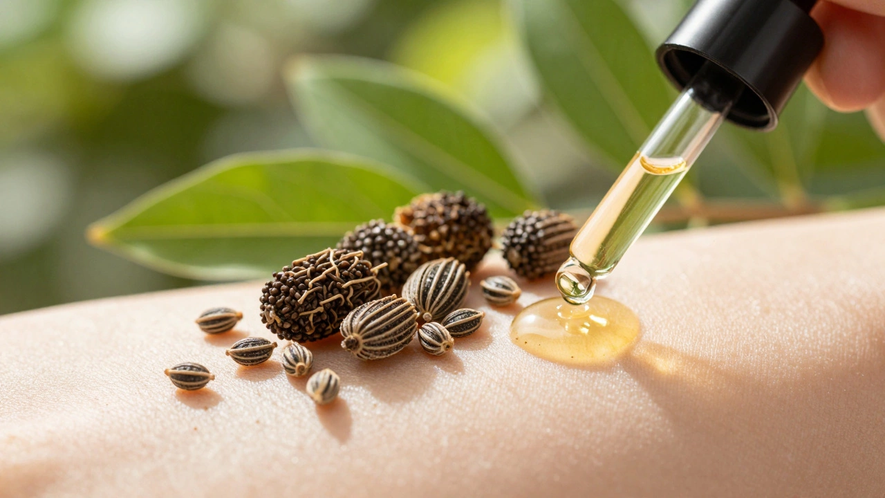 Macro shot of bakuchiol seeds and golden serum on smooth skin