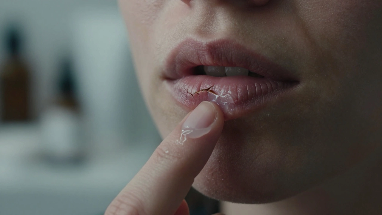 Macro shot of balm being applied to dry, cracked lips