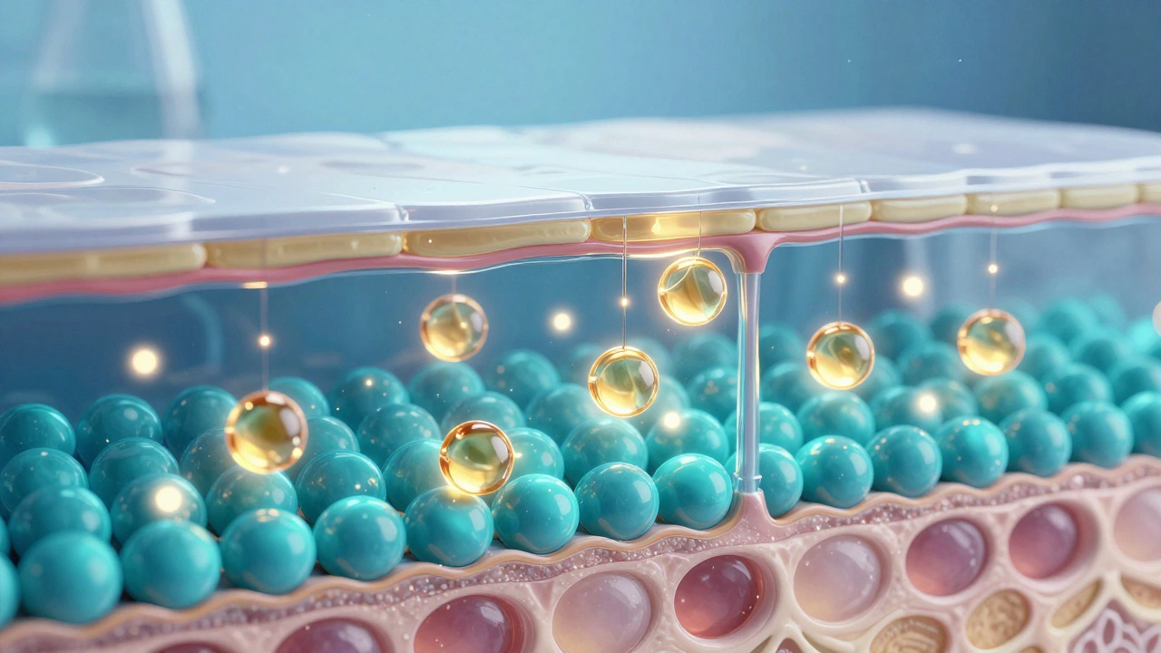 Scientific diagram showing active skincare ingredients penetrating deep into skin layers
