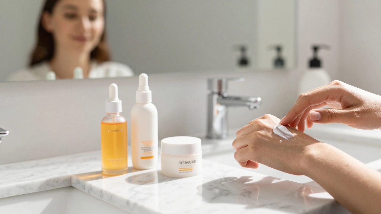 Skincare products on marble counter with sunlight