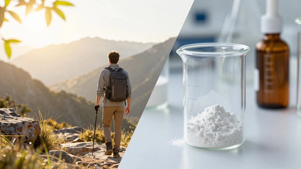 Split image showing outdoor hiking and lab chemicals for lip care