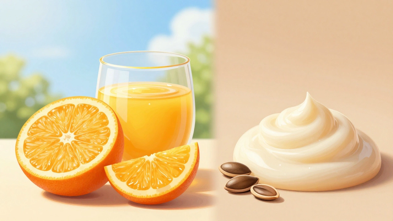 Split image showing Vitamin C citrus and Bakuchiol seeds