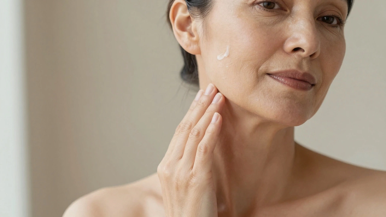 Woman applying moisturizer to neck and chest area