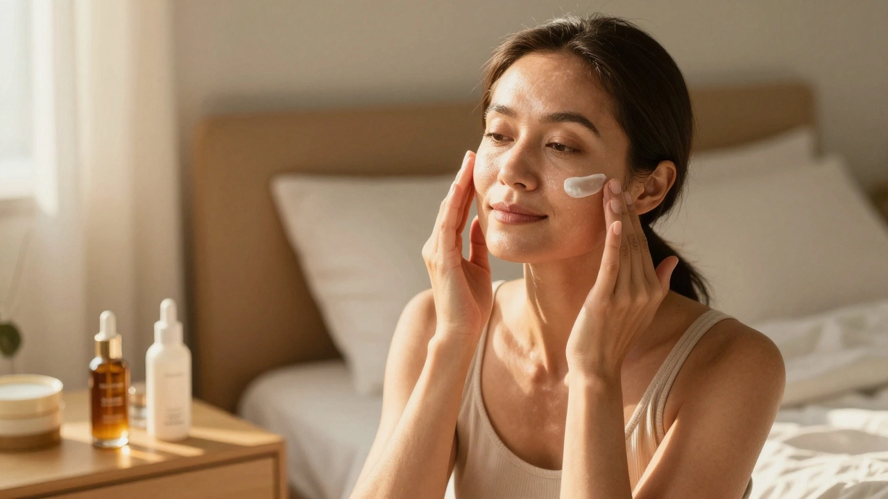 Woman applying serum in a sunlit bedroom with a mix of clinical and affordable products