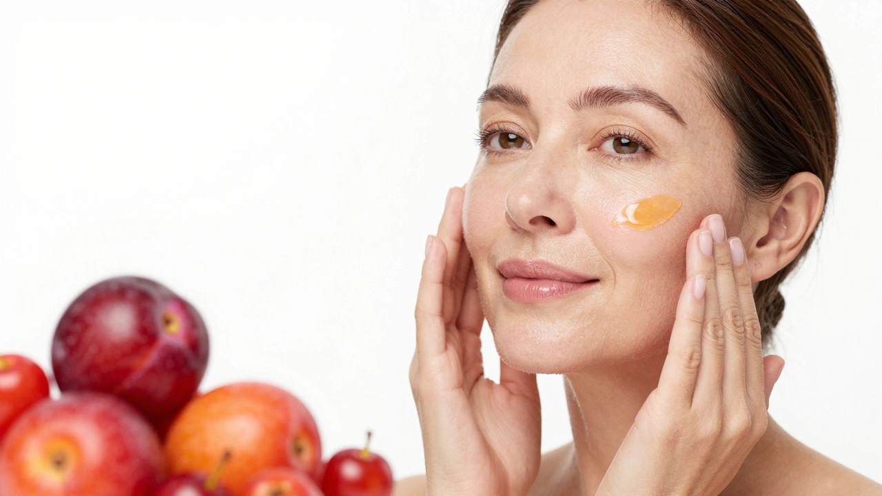 Woman applying serum with Kakadu plums in foreground for Vitamin C theme