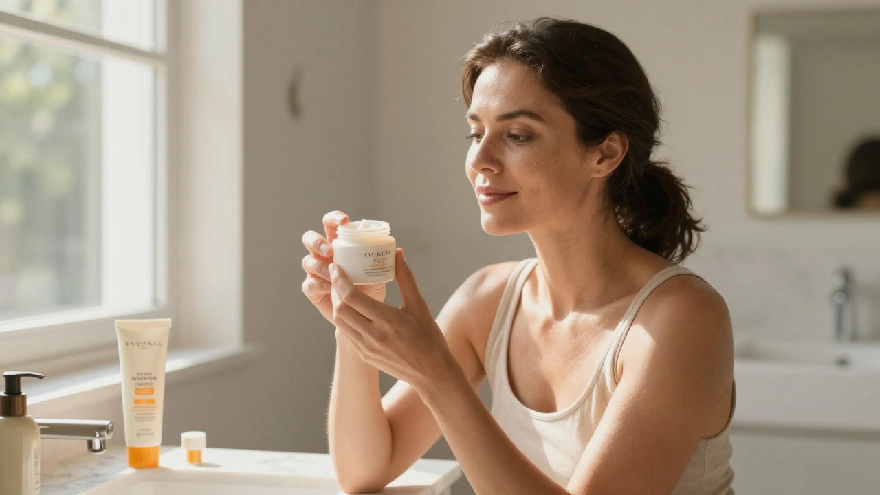 Woman examining a skincare product in a sunlit bathroom with sunscreen nearby