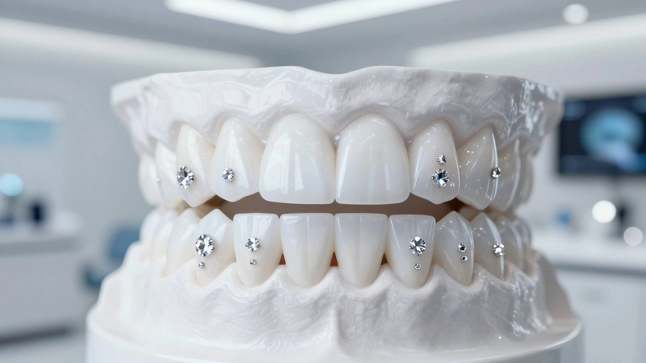 Close-up of diamond-embedded dental veneers on a perfect smile