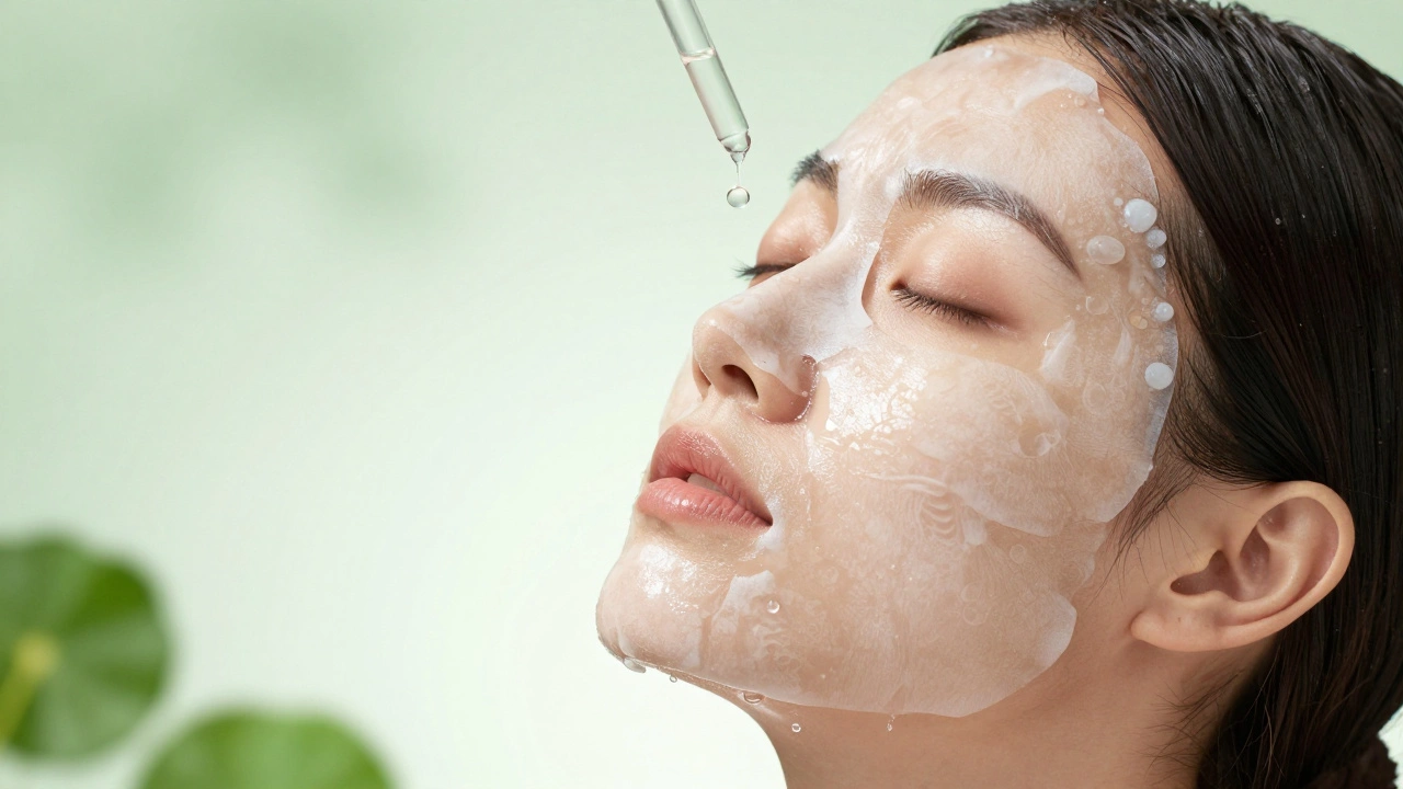 Close-up of sheet mask application with hydrating serum drops