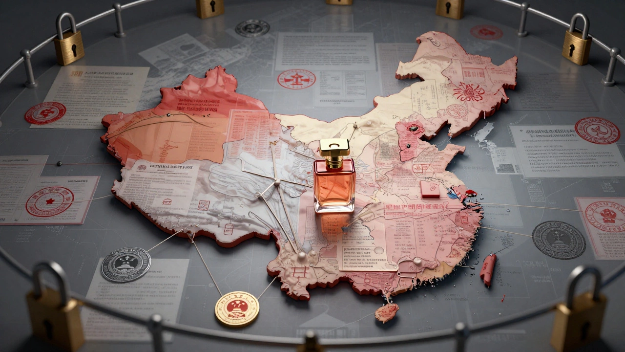 Conceptual art showing China map with regulatory barriers and luxury perfume